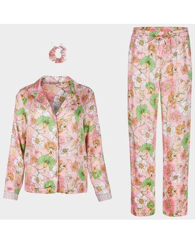Oliver Bonas Razzle Dazzle Floral Print Shirt, Pants & Scrunchie Pajama Set - Pink