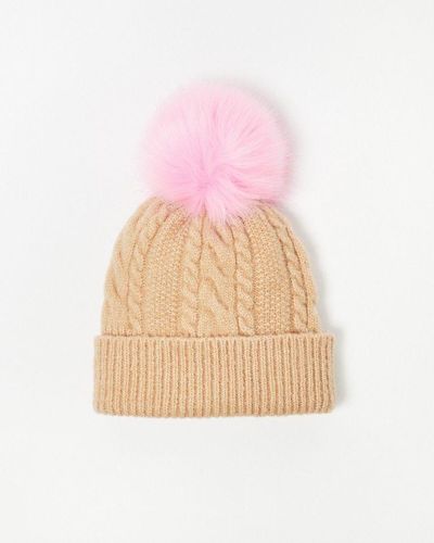 Oliver Bonas Camel Cable Pink Pom Knitted Hat