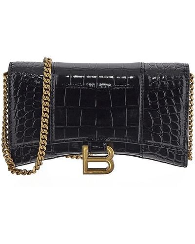 Balenciaga Hourglass Wallet On Chain Crocodile Embossed - Black
