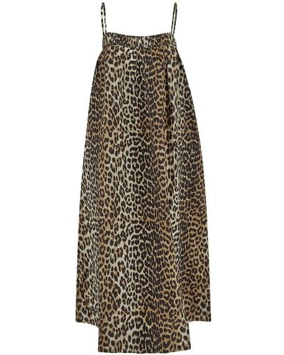 Ganni Leopard Midi Strap Dress - Natural