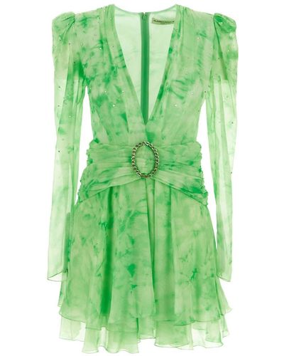 Alessandra Rich Violet Print Silk Pleated Mini Dress - Green