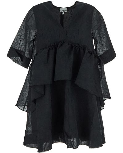 Ganni Crinkled Georgette Flounce Mini Dress - Black