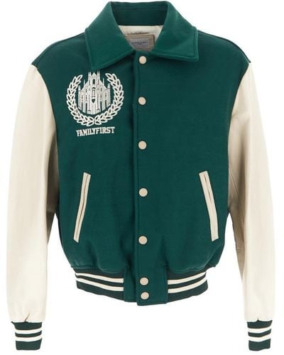 FAMILY FIRST Leather Sleeves Bomber Jacket - Green