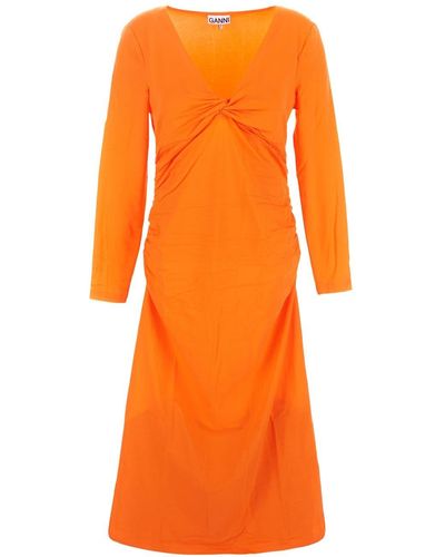 Ganni V-neckline Midi Dress - Orange