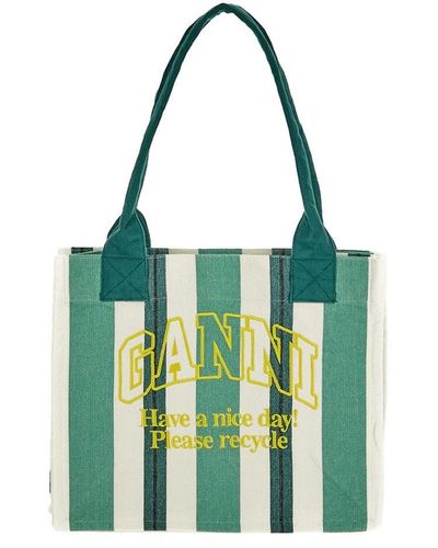 Ganni Large Striped Canvas Tote Bag - Green
