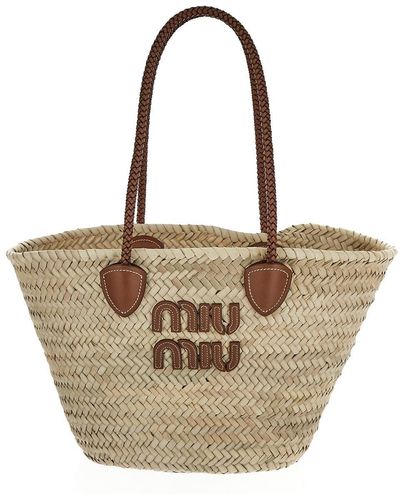 Miu Miu Natural/blue raffia and cotton shopping bag - ShopStyle