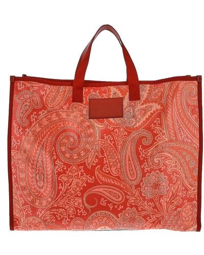 Etro Paisley Printed Logo Patch Tote Bag - Red