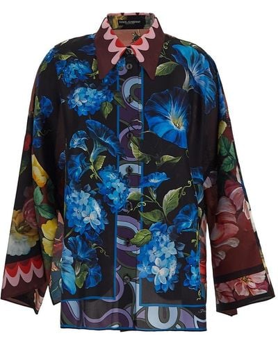 Dolce & Gabbana Oversize Silk Shirt With Floral - Blue