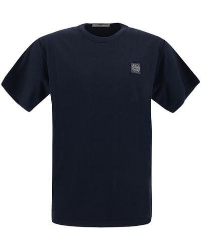 Stone Island Navy Cotton T-shirt With "fixed" Effect - Blue