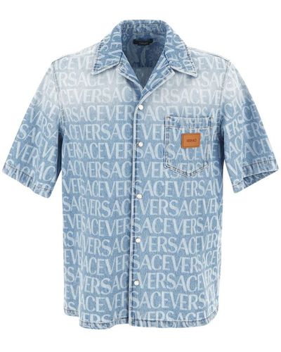 Versace Logo Laser Print Denim Shirt - Blue