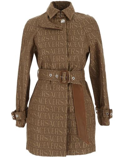 Versace All-over Logo Short Trench Coat - Brown