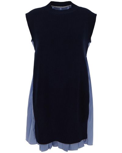 Sacai Cotton Popline X Cotton Knit Dress - Blue