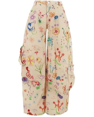 Collina Strada Lawn Cargo Trousers Flower Doodle - White