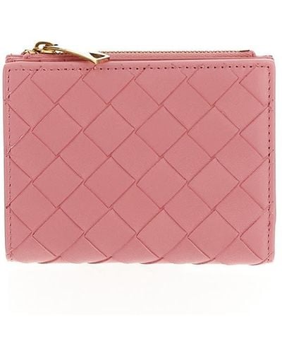 Bottega Veneta Small Intrecciato Bi-fold Zip Wallet - Pink