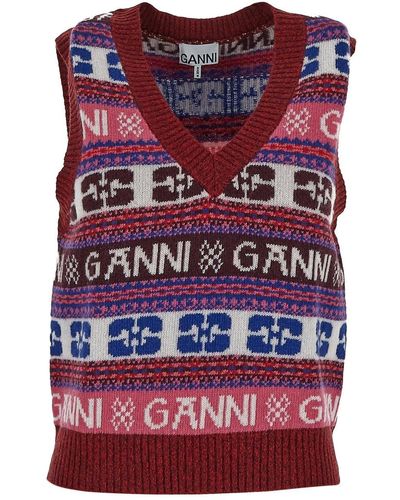 Ganni Jacquard Wool Vest With Logo Pattern - Multicolour