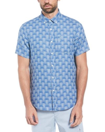 Original Penguin Delave Linen Geometric Palm Print Short Sleeve Button-down Shirt In Tourmaline - Blue