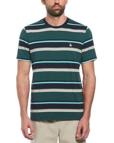 Original Penguin Embroidered Striped T-shirt In Dark Sapphire - Green