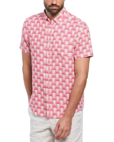 Original Penguin Delave Linen Geometric Palm Print Short Sleeve Button-down Shirt In Birch - Pink