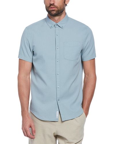 Original Penguin Cotton Dobby Basketweave Textured Short Sleeve Button-down Shirt In Tourmaline - Blue