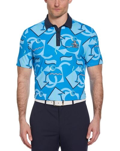 Original Penguin Abstract 80s Print Blocked Short Sleeve Golf Polo Shirt In Blue Jewel