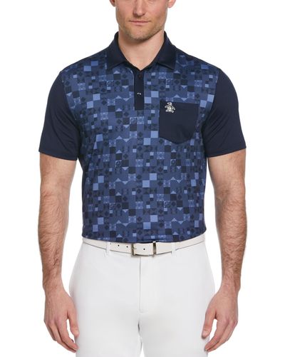 Original Penguin 50s Colour Block Print Golf Polo Shirt In Black Iris - Blue
