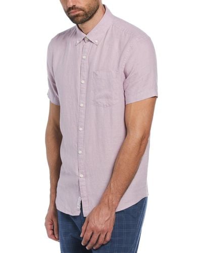 Original Penguin Delave Linen Short Sleeve Button-down Shirt With Chest Pocket In Lavender Frost - Purple