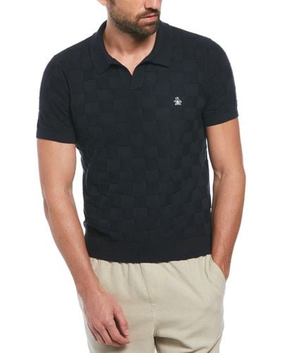 Original Penguin Jacquard Johnny Collar Short Sleeve Polo Shirt Jumper In Dark Sapphire - Black