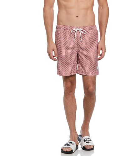 Original Penguin Geo Wave Print Swim Shorts In Red Dahlia - Pink