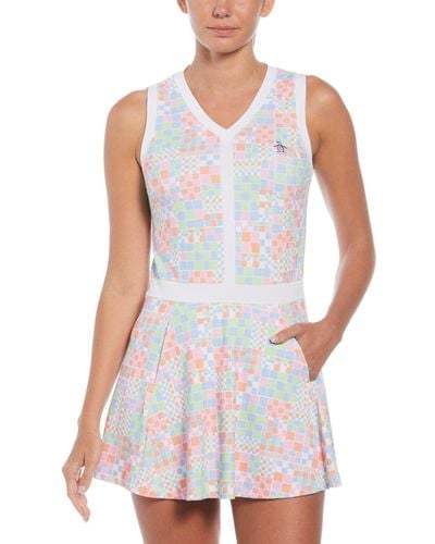 Original Penguin Women's Checkerboard Print Flounce Sleeveless Tennis Dress In Bright White