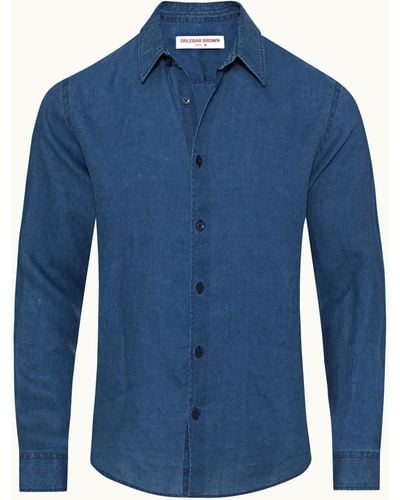 Orlebar Brown Dyed Linen Tailored Fit Classic Collar Shirt Woven - Blue