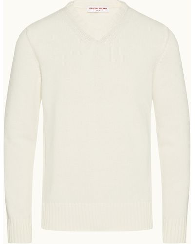 Orlebar Brown White Sand V-neck Organic Cotton Sweater