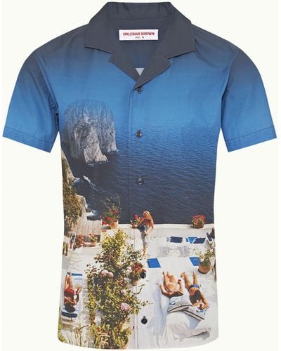 Orlebar Brown Photographic Print Classic Fit Capri Collar Cotton Shirt - Blue