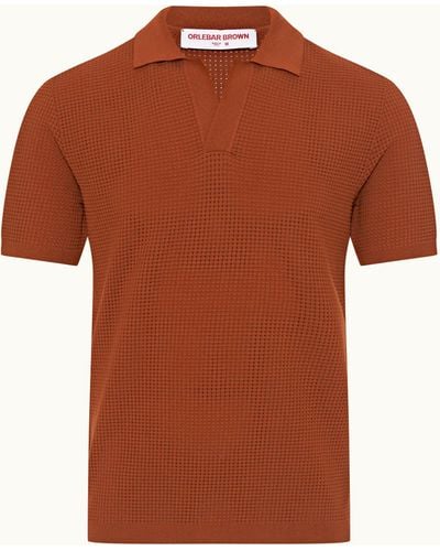 Orlebar Brown Classic Fit Waffle Mesh Stitch Polo Shirt Knitted - Brown