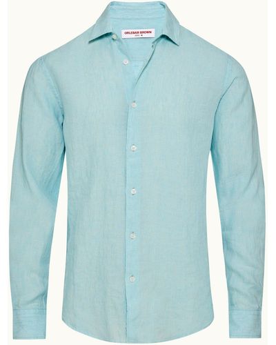 Orlebar Brown Tailored Fit Classic Collar Linen Shirt Woven - Blue