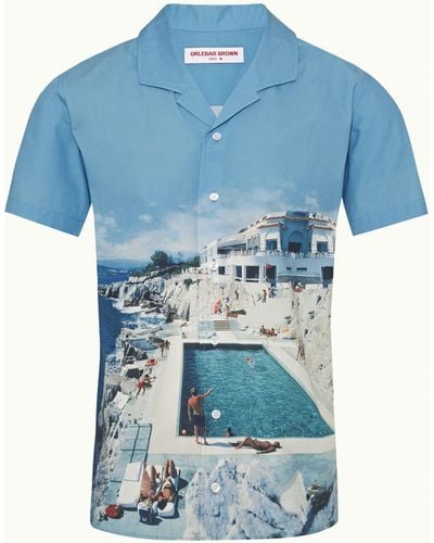 Orlebar Brown Roc Pool Photographic Print Classic Fit Capri Collar Cotton Shirt - Blue
