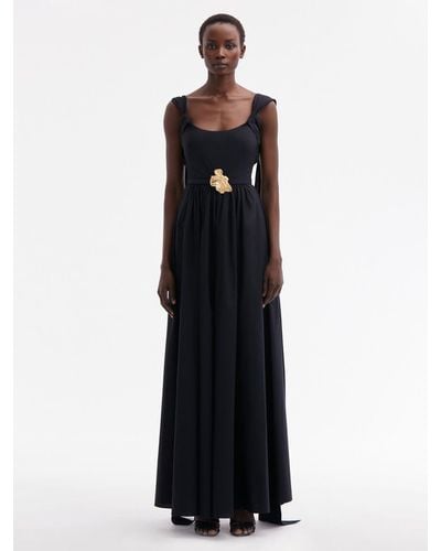 Oscar de la Renta Floral Belt Cotton Poplin Dress - Black