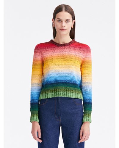 Oscar de la Renta Rainbow Ombré Crochet Pullover - Red