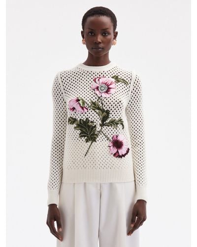Oscar de la Renta Poppy Embroidered Crochet Pullover - White
