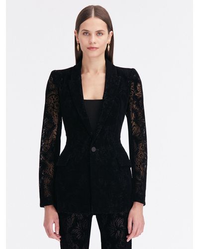 Oscar de la Renta Flocked Floral Lace Blazer - Black