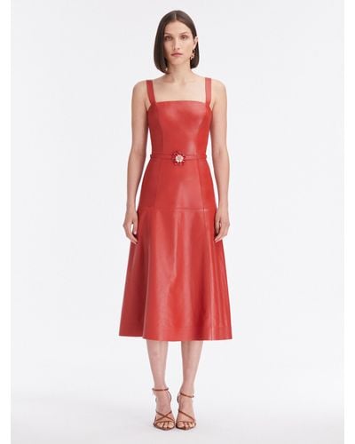 Oscar de la Renta Sleeveless Leather Midi Dress - Red