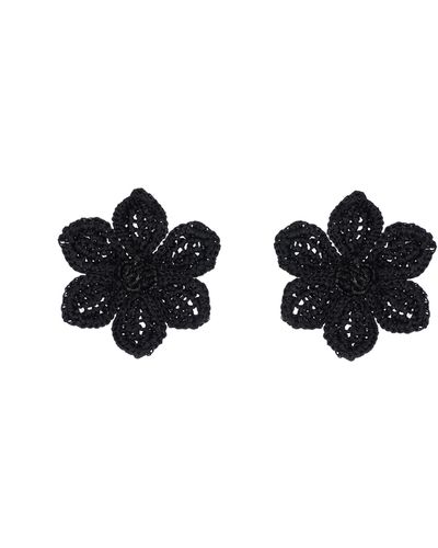 Oscar de la Renta Raffia Gardenia Earrings - Black