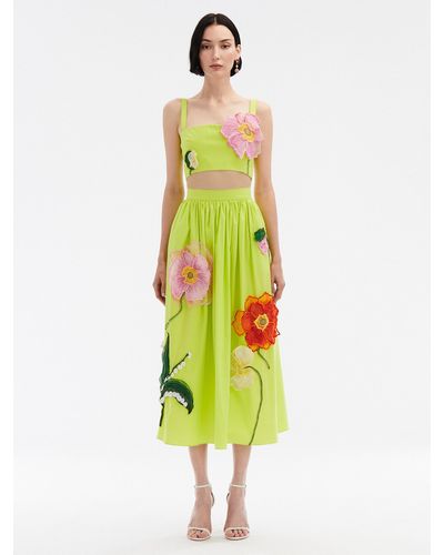 Oscar de la Renta Painted Poppies Cotton Poplin Skirt - Green