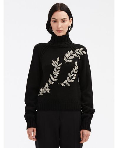 Oscar de la Renta Crystal Leaves Embroidered Pullover - Black