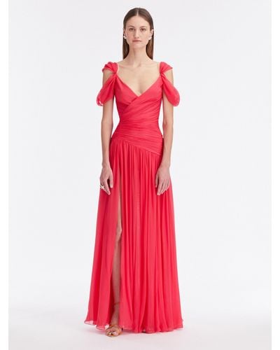 Oscar de la Renta Draped Silk Chiffon Gown - Red