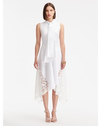 Oscar de la Renta Gardenia Lace Inset Cotton Poplin Dress - White