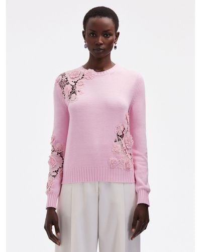 Oscar de la Renta Floral Guipure Inset Pullover - Pink