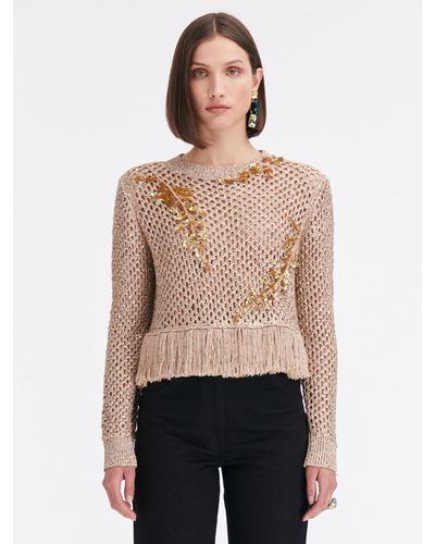 Oscar de la Renta Sequin Embroidered Crochet Pullover - Natural