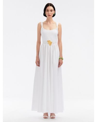 Oscar de la Renta Floral Belt Cotton Poplin Dress - White