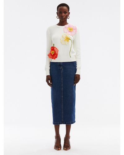 Oscar de la Renta Painted Poppies Embroidered Pullover - Blue