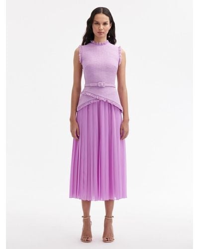 Oscar de la Renta Tweed & Chiffon Midi Dress - Purple